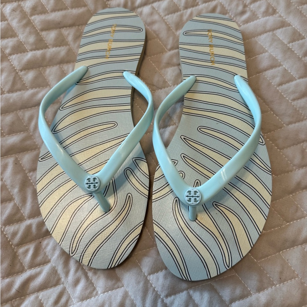 Tory Burch Aqua Striped Flip Flops